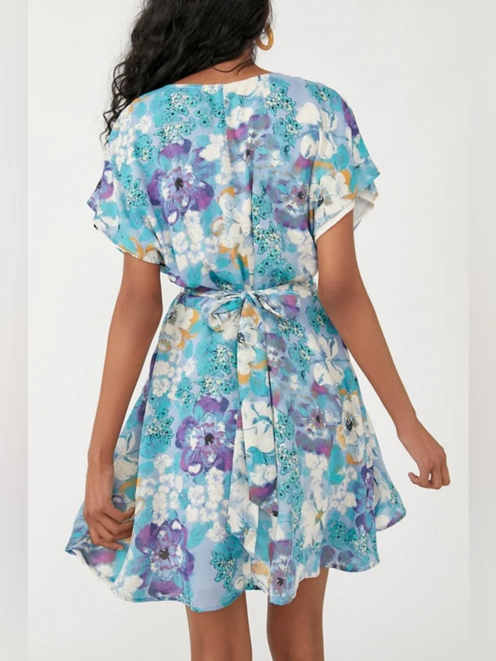 Free People Freddy Tie Mini Dress Blue Watercolor Floral Size Medium